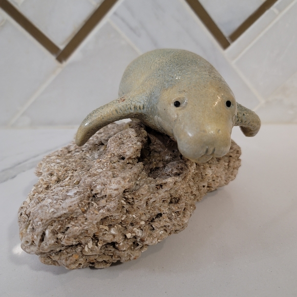 Ceramic manatee on a shell rock. This plus size mermaid is cute beach decor! - Picture 11 of 12